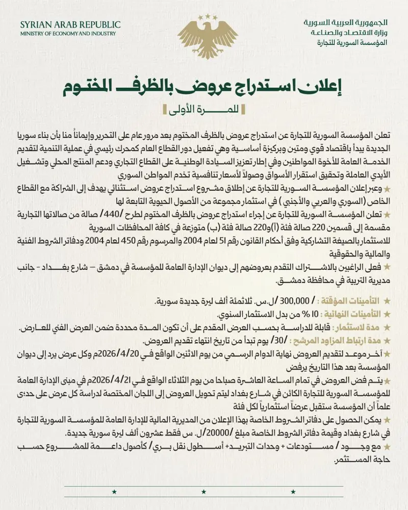 المؤسسة السورية للتجارة تطلق مشروع استدراج عروض استثنائي للشراكات الاستثمارية